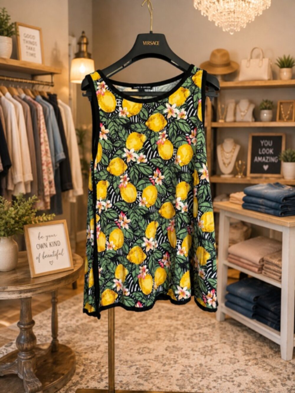 Cable & Gauge Lemon Floral Sleeveless Swing Tank Top - Picture 2 of 5